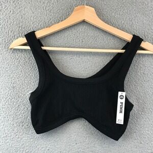 New PINK Victoria's Secret Light Support Ribbed Cropped Tank Top - Black L